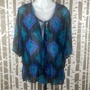 Sheer Printed Balloon Sleeve Peplum Hem Top